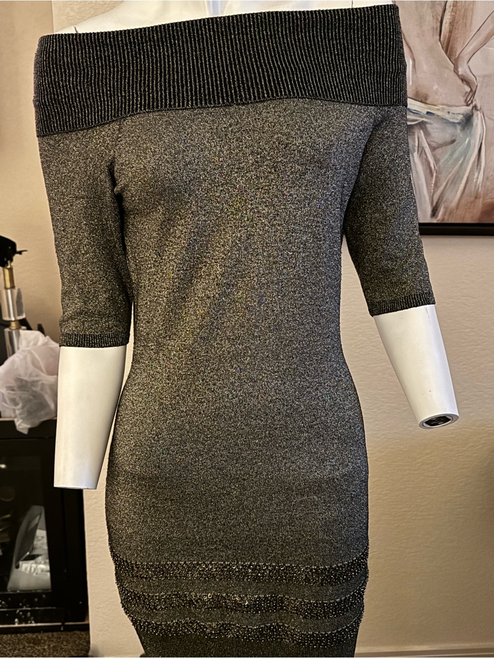 bebe Off-Shoulder Metallic brown gold Knit Mini Dress sz M